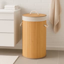 Bamboe Wasmand met Deksel – 54 Liter – Ø35 x 57 cm – Opvouwbare Wasmand met Touw Handvatten – Ademend & Duurzaam– Wasbaar – Bruin — thumbnail 2