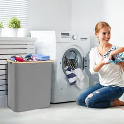 Wasmand 3 vakken - Wassorteerder van bamboe met Oxfordweefsel - Met Deksel opvouwbaar Opbergmand - 140L - Grijs — thumbnail 3