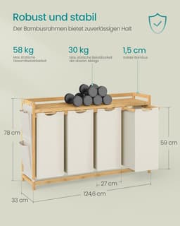 Furnstar wasmand - 4 vakken - Bamboe - Wasverzamelaar 200 l - Wassorteerder met plank -Waszak - Kleine zijzakken -4 x 50 l 1246 x 33 x 78 cm - Cremewit — thumbnail 2