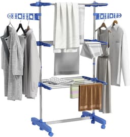 Pugsdrly Wasrek wasdroger. 4 niveaus, inklapbaar, one-click-systeem, 142 cm x 55 cm x 152 cm blauw + zilver — thumbnail 5