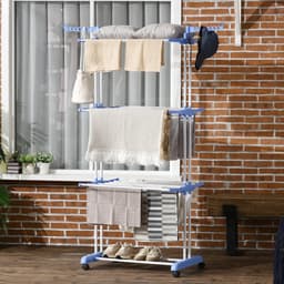 Pugsdrly Wasrek, 4 niveaus, inklapbaar, 4 wielen met 2 remmen, metalen frame, blauw + wit, 73 x 64 x 177 cm — thumbnail 5