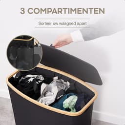Bellettini® Opvouwbare Wasmand met Deksel - 3 Compartimenten - 600D Oxford Materiaal Wassorteerder - 148 Liter - Zwart — thumbnail 2