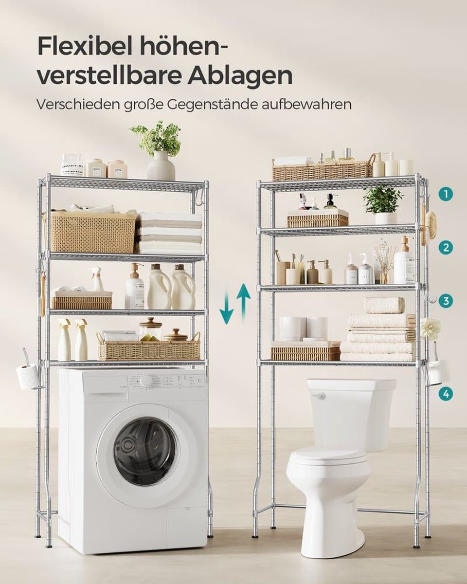 Metaal Wasmachine rek - Wasmachine rek met opbergruimte en haken- verstelbare planken - Toilet kast - Zilver - 30 x 83 x 176 cm — afbeelding 1