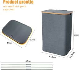 CALIYO Wasmand - Wassorteerder - Wasmand met Deksel - 69×43.5×32.5cm Nis Wasbox - Opvouwbare Mand Vuile Was - 100L - Grijs — thumbnail 3
