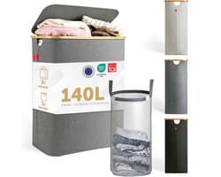 Blumtal Wasmand 140L - Wasmand met 2 uitneembare waszakkken - Wasmand met 2 vakken - Smalle wasmand - Flesverzamelaar - Wasmand met deksel - Grijs