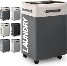 Opvouwbare wasmanden met wiel, 74 liter, large opvouwbare wasmanden, right-height, waterproof, opvouwbare wasmanden met wiel, praktische wasman (wit + donkergrijs o2) — thumbnail 1