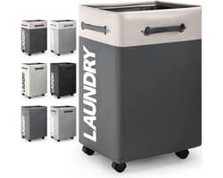 Opvouwbare wasmanden met wiel, 74 liter, large opvouwbare wasmanden, right-height, waterproof, opvouwbare wasmanden met wiel, praktische wasman (wit + donkergrijs o2)