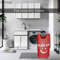 Vuile wasverzamelaar, grote opvouwbare wasmand met zachte handgrepen, staande wasmanden, smiley waszakken voor slaapkamer, wasgoed, slaapzaal, camping, irriteren (rood) — thumbnail 5