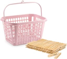 Wasknijpers ophangmandje met haak - roze - gevuld met 120x houten wasknijpers 7 cm - was ophangen — thumbnail 1