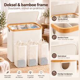 YYchan Wasmand 3 Vakken-Wasmand Met Deksel-Wassorteerder Bamboe-Oxford-Stof-Laundry Basket-Classificatielabel-Beige-160L — thumbnail 3