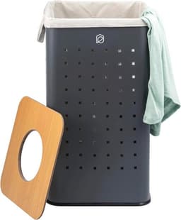 Hoekige wasmand - Met afneembaar deksel - Met wasbare zak - 50 liter - Voor slaapkamer en badkamer — thumbnail 1
