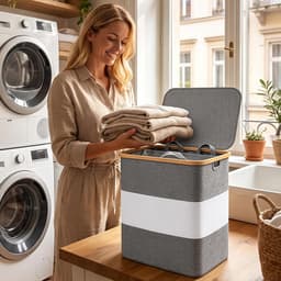 2 vakken, 102 l, XL, met deksel, opvouwbare wasmand met zijvak, uitneembare waszak, bamboerand, waterdicht, vuile wasmand voor slaapkamer, badkamer, grijs — thumbnail 3