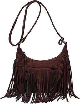 Vegan suède crossbodytas met franjes voor dames – vintage boho-hippie hobo-schoudertas met kwastjes – retro western-cowgirlhandtas voor reizen, festivals, concerten en dagelijks gebruik (koffiebruin) — thumbnail 1