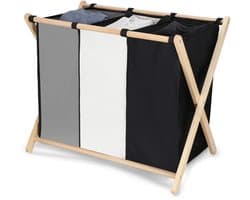Muntel® Wasmand - Opvouwbaar - Beukenhout - Polyester - 3 Vakken - 105 L - Zwart - Grijs - Ecru