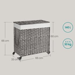 Wasmand 66 x 33 x 60 cm, Vuile Wasmand met Deksel, 3 Compartimenten, Wasgoedmand met Uitneembare Waszak, Wielen en Handgrepen, Wasmand Rietstijl, Kleding Sorteren, Wasmand voor Badkamer, Wasruimte en Woonkamer, PP-Riet, Metalen Frame, Grijs — thumbnail 2