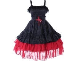 Rood zwart ruches jurk chiffon Gothic Lolita kostuum cosplay (S-M)