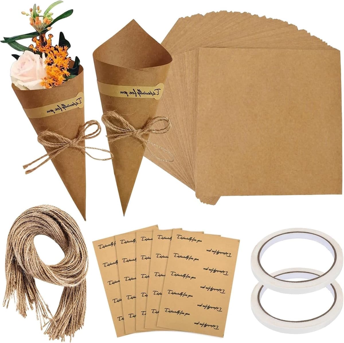 Kegelzakjes - Bruin - 15 x 15 cm - Kraftpapier met Jute Koord en Stickers - Voor Bruiloften en Feestjes — afbeelding 1