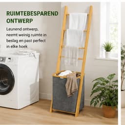 Noventra handdoekhouder met wasmand-handoekrek-badkamer accessoires-inclusief wasmand-43 x 35 x 133 cm-bamboehout- — thumbnail 3