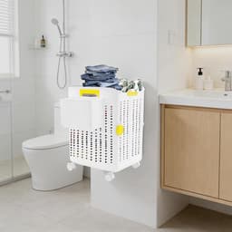 Wasmand met Wielen - Opvouwbare Wasbak - Sorteer Kleding - Afneembare Opbergdoos - 47.5 cm Hoog - Wit — thumbnail 4