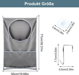 Dailygoods- Waszak Ruimtebesparend - Hangende Wasmand - Wasverzamelaar - 2 Zuighaken - 2 Roestvrijstalen Deurhaken - 50x77cm — thumbnail 4