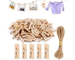 Wasknijpers 150 Stuks - Kleine Houten Knijpers 3.5cm - Draagbare Knijpers voor Kleding/Foto's - Jute Touw 10m - Perfect voor Decoratie