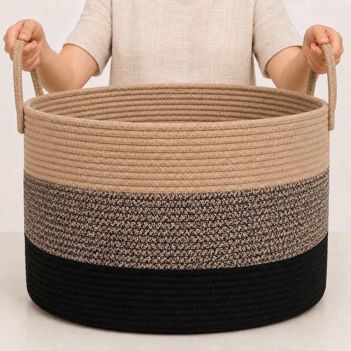 Thijox - XXL Katoenen Dekenmand Touw Opbergmand voor Organisatie, Wasmand en Kinderkamer - 50x33cm - 3 Tinten Bruin — afbeelding 1