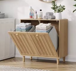 Wasmand Kast Houtlook - Badkamerkast met Kantelbare Wasmand - 2 Deuren - Opbergkast Handdoeken - 69.5 x 35 x 70.5 cm - Max 50kg - Modern Design — thumbnail 2