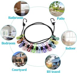 2 stuks - reiswaslijn - elastische waslijn - kampeer waslijn - met 12 kleurrijke wasknijpers en 13 antislip positionerknoppen - 1,8 meter - voor reis hotel kamperen balkon - zwart — thumbnail 3