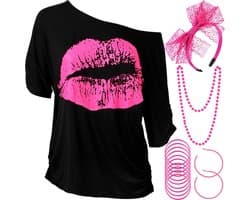 80 kostuums voor vrouwen, lippenprint T-shirt kant hoofdband oorbellen ketting armband voor jaren 80 themafeest (rozerood, M)