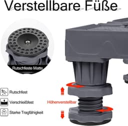 Verstelbare wasmachinesokkel, wasmachine-onderstel, onderkast, beweegbare sokkel voor koelkast, droger en wasmachine, (45 - 75 cm) - 8 voeten en 4 wielen, grijs — thumbnail 3