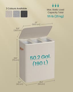 Conway Living® - Wasmand met 3 Vakken - 190 Liter - Wasbox met Deksel en Uitneembare Waszak - Wassoorteerder - Inklapbaar - Cappuccino Beige - 64x40x75 cm — thumbnail 4