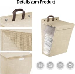 Wasmand (1 stuk) - Opvouwbare wasmand - Wasmand voor vuile was - Hangende wasmand - Opvouwbare wasmand voor huishoudelijk gebruik - Wandgemonteerde badkamerwasmand - Handvat - Ingebouwde waterdichte coating - Beige - 48*36*12 cm — thumbnail 3