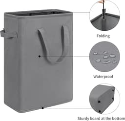 Opvouwbare Wasmand met Deksel - 45 Liter Slanke Wasmand Smal - Opklapbare Wasmand voor Badkamer en Slaapkamer - Kleine Wasmand Ruimtebesparend met Handvatten - Grijs — thumbnail 4