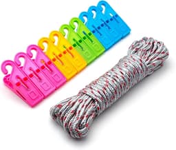 10 m, kleurrijk nylon touw + 10 wasknijpers met haken, duurzaam, voor buiten, binnen, tuin, complete set voor het ophangen van kleding, doeken en beddengoed — thumbnail 4