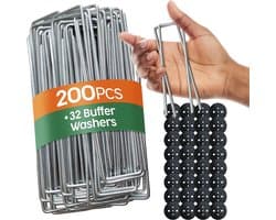 SnelShoppen - Tuinpinnen 200 stuks + 32 washers voor onkruiddoek, grondankers voor kamperen en kunstgras, robuust, gegalvaniseerd staal