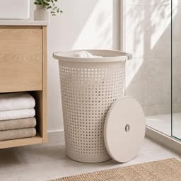 Storage Solutions Wasmand met deksel - wit - 35 liter - 40 x 52 cm - kunststof - rond - wasbox - mand voor wasgoed — thumbnail 2