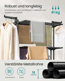Joorly Wasdroger - Standaarddroger - Vleugelwasdroger - Wasdroogcombinatie - 4 niveaus - 63,5x125,5x173 cm - Zwart — thumbnail 5