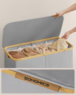 Wasmand met deksel, 4-vaks grote wasmand, 200 l, uitneembare mesh-voering, Oxford-stof, bamboe handgrepen, inklapbaar, 78 x 38,5 x 70,5 cm, duifgrijs LCB514GD01 — thumbnail 4