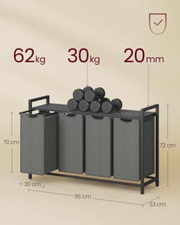 Conway Living® Wassorteerder - 4 vakken - 160L - Metaal - Grijs en Zwart -Wasmanden - Wassorteerder 4 vaken - 116 x 33 x 72 cm — thumbnail 2