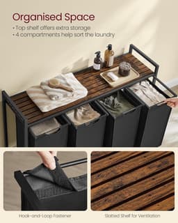 Conway Living® Wassorteerder - 4 vakken - 160L - Metaal - vintage Bruin en Zwart -Wasmanden - Wassorteerder 4 vaken - 116 x 33 x 72 cm — thumbnail 5
