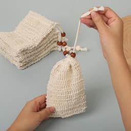 3 stuks - Badkamer zeeptas - Natuurlijke zeepzak - Schuimnet van katoen en linnen - Schuimnetzak voor badhanddoeken - Handgemaakte zeeptas - Badkamer zeeptas met trekkoord - Met kralen - 9 cm x 14 cm - Beige — thumbnail 3