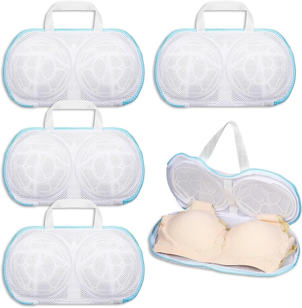 VHV-BH-waszak - Beschermt lingerie tijdens het wassen - 34 x 20 cm - 3D-ondersteuning voor cup A-C - Wasnetje met verborgen rits voor bh's en delicate kleding - Polyester - Wit - Set van 4 - Blauw en wit — afbeelding 1