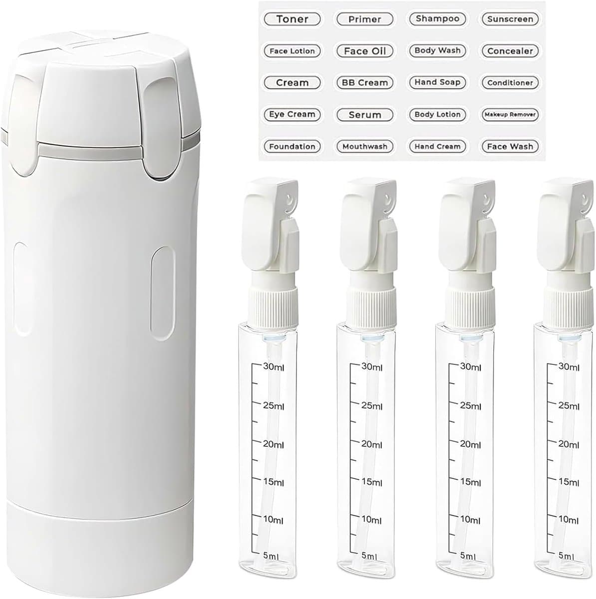4-in-1 navulbare reisdispenserflessen, reisflessen om te vullen, reisdispenser met schaal en etiket, herbruikbare reisgadgets, dispenserflessen voor shampoo, lotion, douchegel, spoeling (wit) — afbeelding 1