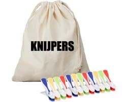 Canvas knijperzak/ opbergzakje knijpers wit/ offwhite met koord 25 x 30 cm en 48 plastic wasknijpers - Knijperzak met knijpers