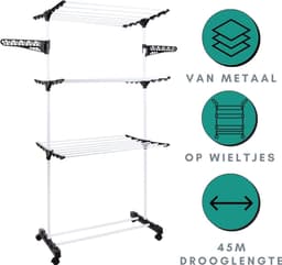 White-Label® Wasrek Inklapbaar op Wieltjes - Droogmolen - Droogtoren Staand — thumbnail 5