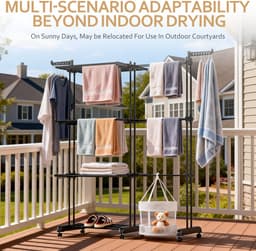 Soontrans Metalen Wasrek Met Wielen – Inklapbaar & Uitschuifbaar, 3 Verdiepingen Droogtoren 66x50x170cm, Multifunctioneel Voor Binnen/Buiten/Balkon, Stevig en Langleven, Inclusief 2 Sokkenclips en 1 Dubbellaagse Droogmand (Zwart) — thumbnail 3