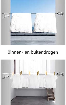 GELLDG Waslijn - Uittrekbare waslijn - Dubbele lijn - (2x 5,2 meter) 10,4 meter totaal - Wit - Wanddroogrek - Roldrooglijn - Geschikt voor badkamers, balkons en slaapkamers. — thumbnail 2