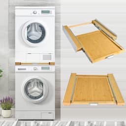 Verbindingsframe voor Wasmachine/Droger met Uittrekbaar Rek en Bamboe Plank - Tussenframe voor Wasdroger met Ratelsnoer - Verstelbare Breedte 47-60 cm — thumbnail 4