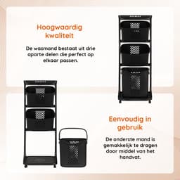 Eleganca Wasmand 3 vakken - Inhoud 82 L - Wassorteerder - Afneembare manden - Wasmand op Wielen - Ruimtebesparend - B44xD33xH109 cm - Kunststof - Zwart — thumbnail 2