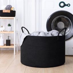 Wasmand, gevlochten opbergmand, grote katoenen mand, handdoekmand voor badkamer, mand voor dekens woonkamer, kussens, babyspeelgoed, opbergmand, 55 x 35 cm, rond, zwart — thumbnail 3